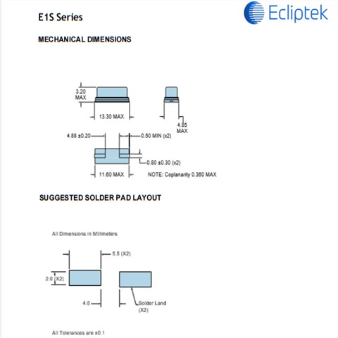 E1S贴片二脚晶振,E1SJA10-8.000M流媒体后视镜晶振,Ecliptek进口晶振